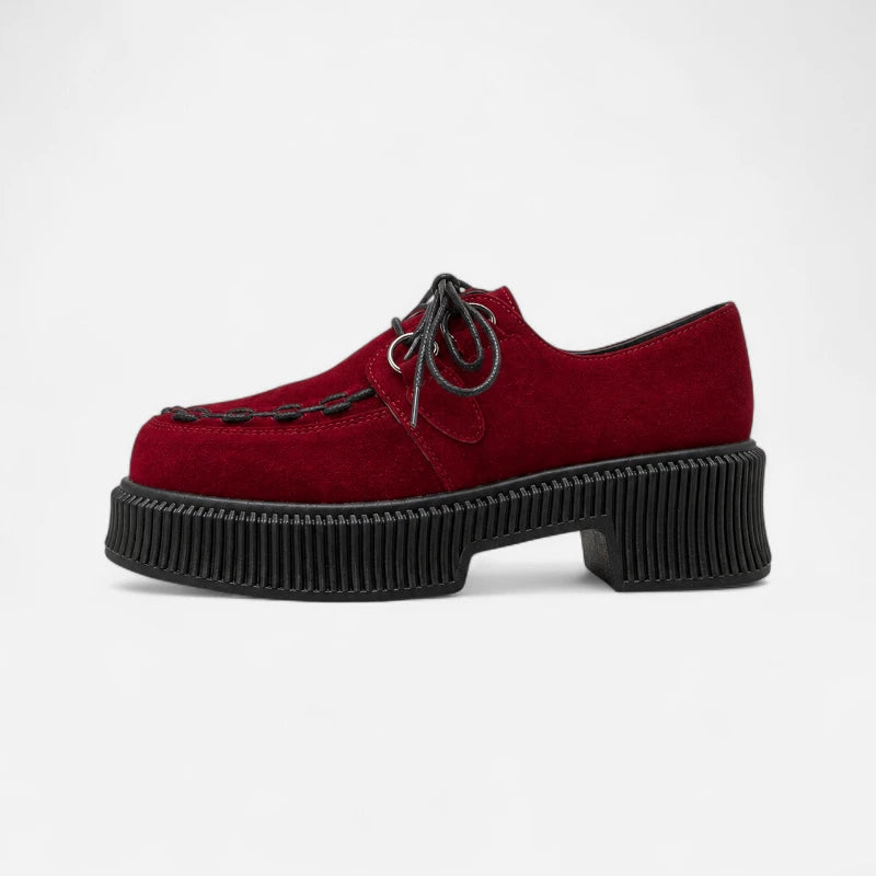 Mocassin Plateforme En Daim Nubuck Bordeaux À Lacets & Talon Femme