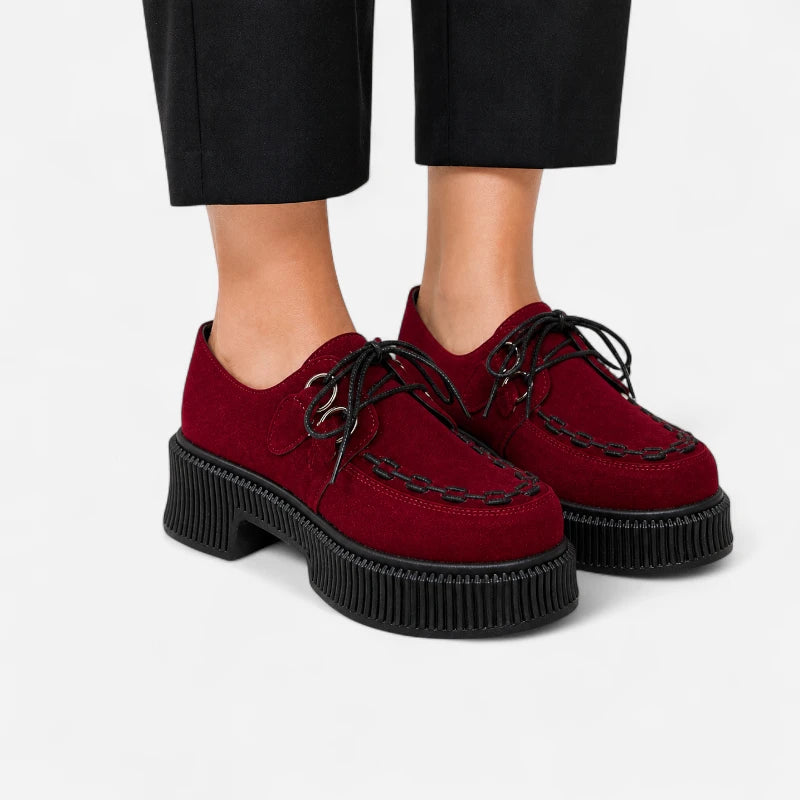 Mocassin Plateforme En Daim Nubuck Bordeaux À Lacets & Talon Femme
