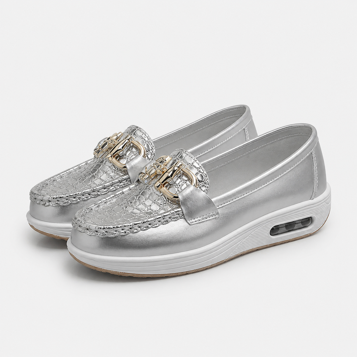Mocassin Compensé En Cuir Argenté À Bulle Confortable Motif Crocodile Femme