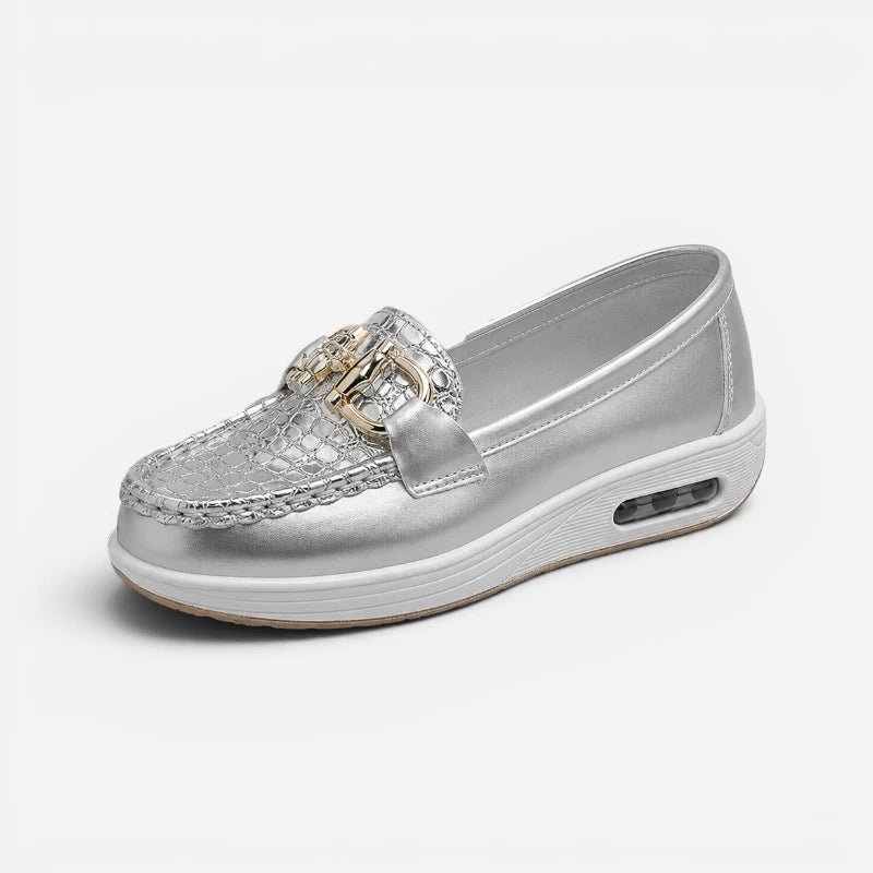 Mocassin Compensé En Cuir Argenté À Bulle Confortable Motif Crocodile Femme