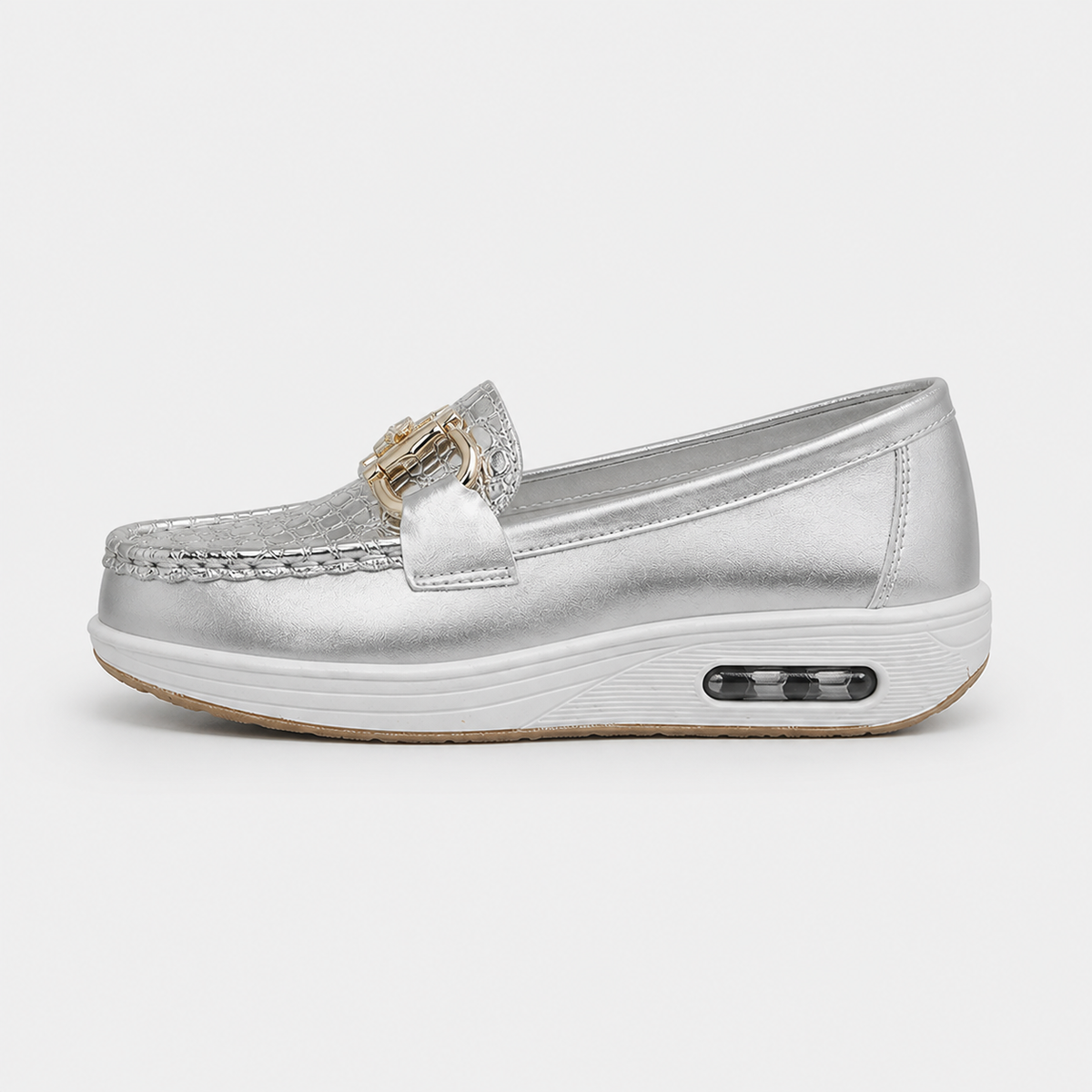 Mocassin Compensé En Cuir Argenté À Bulle Confortable Motif Crocodile Femme