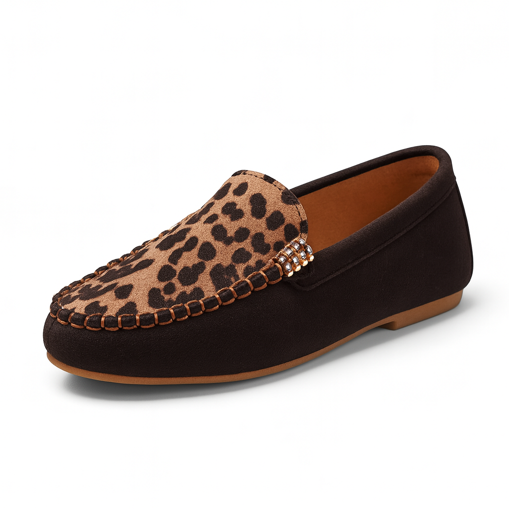 Mocassin Femme En Daim Marron Et Léopard