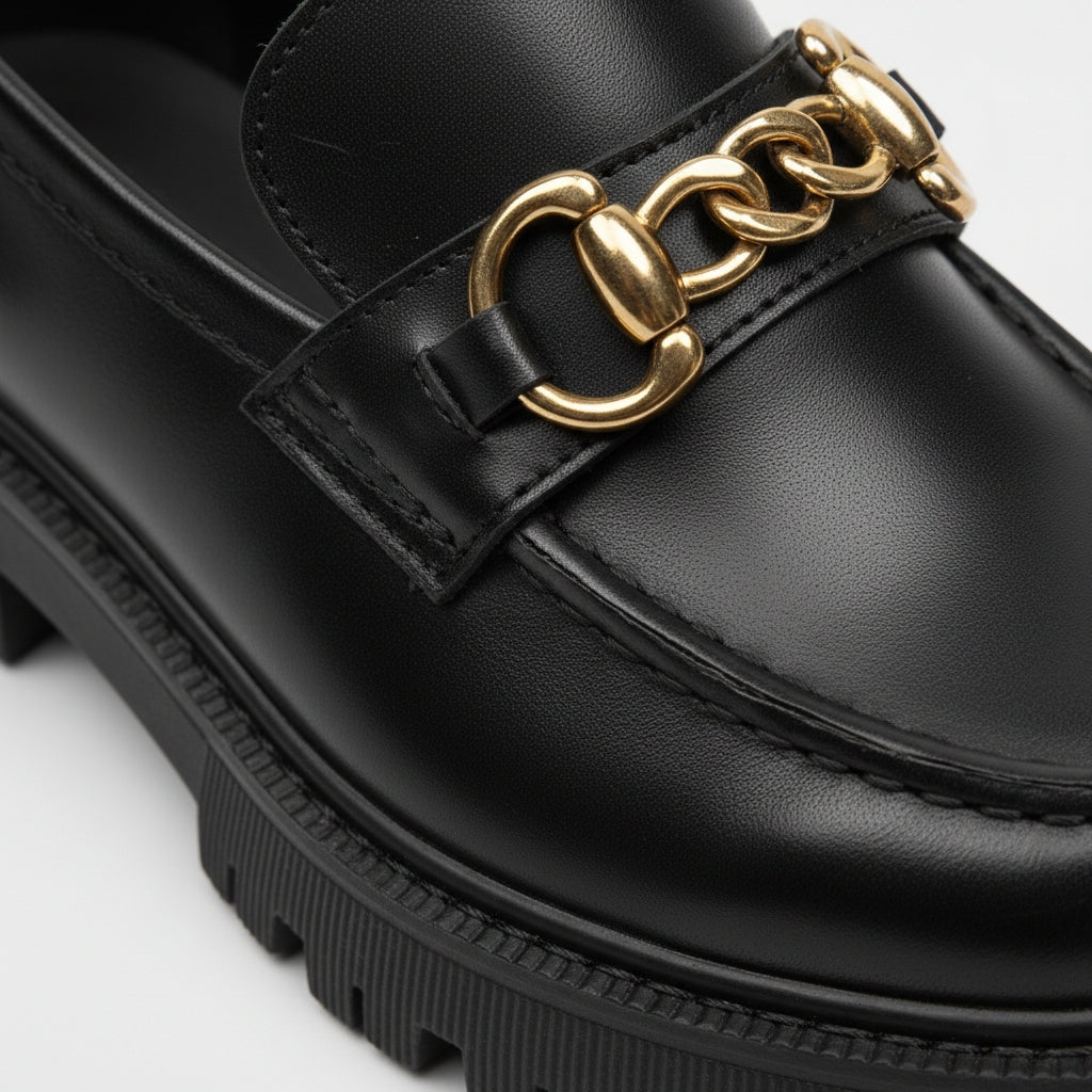 Mocassin Plateforme Femme Noir Chainnette Dorée