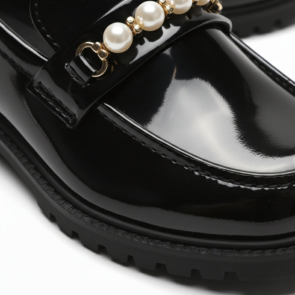 Mocassin Cuir Noir Fillette Perle
