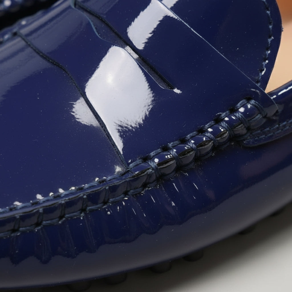 Mocassin Cuir Bleu Marine Vernis Femme