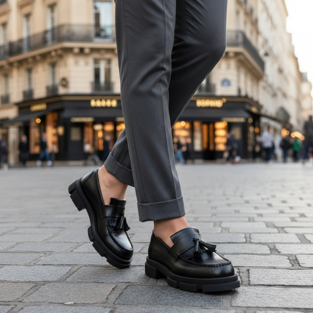 Mocassin Compensé En Cuir Noir à Gland Pour Homme