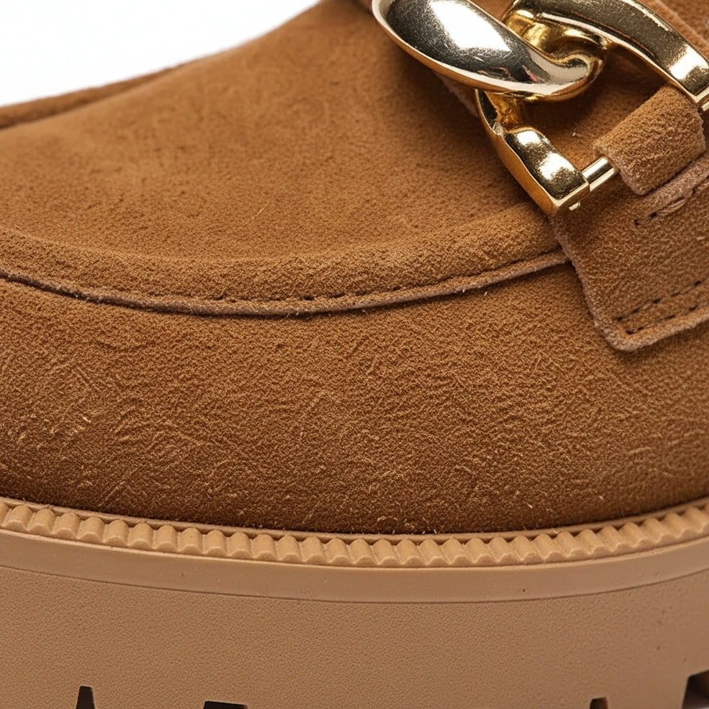 Mocassin Compensé Daim Camel Chainette Femme