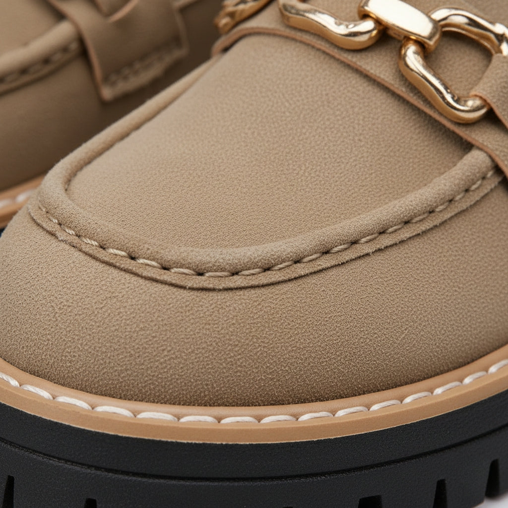 Mocassin Compensé Daim Camel Chainette Femme