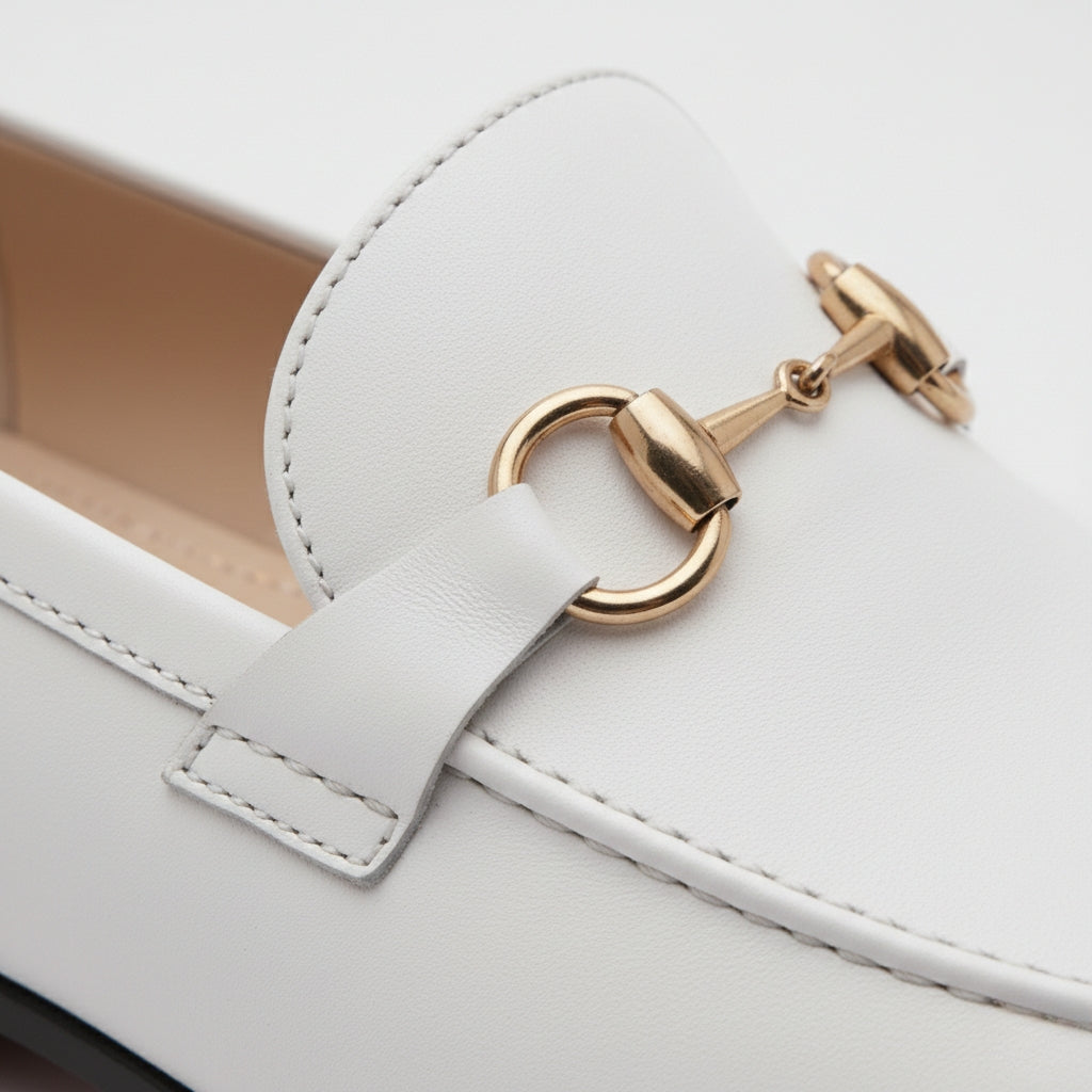 Mocassin Cuir Blanc Avec Mors Doré Chic Homme