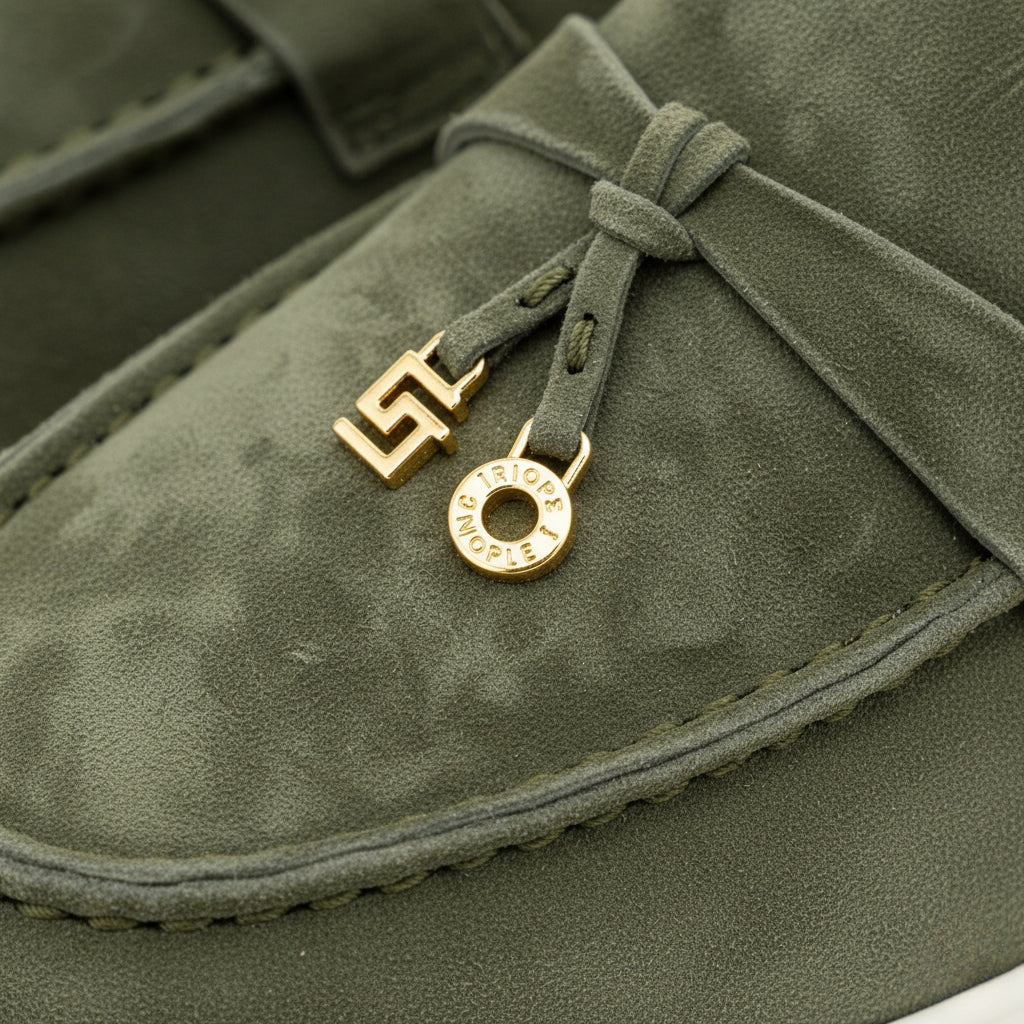 Mocassin Ouvert En Daim Kaki Pour Femme