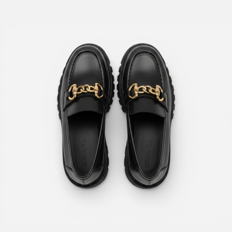 Mocassin Plateforme Femme Noir Chainnette Dorée