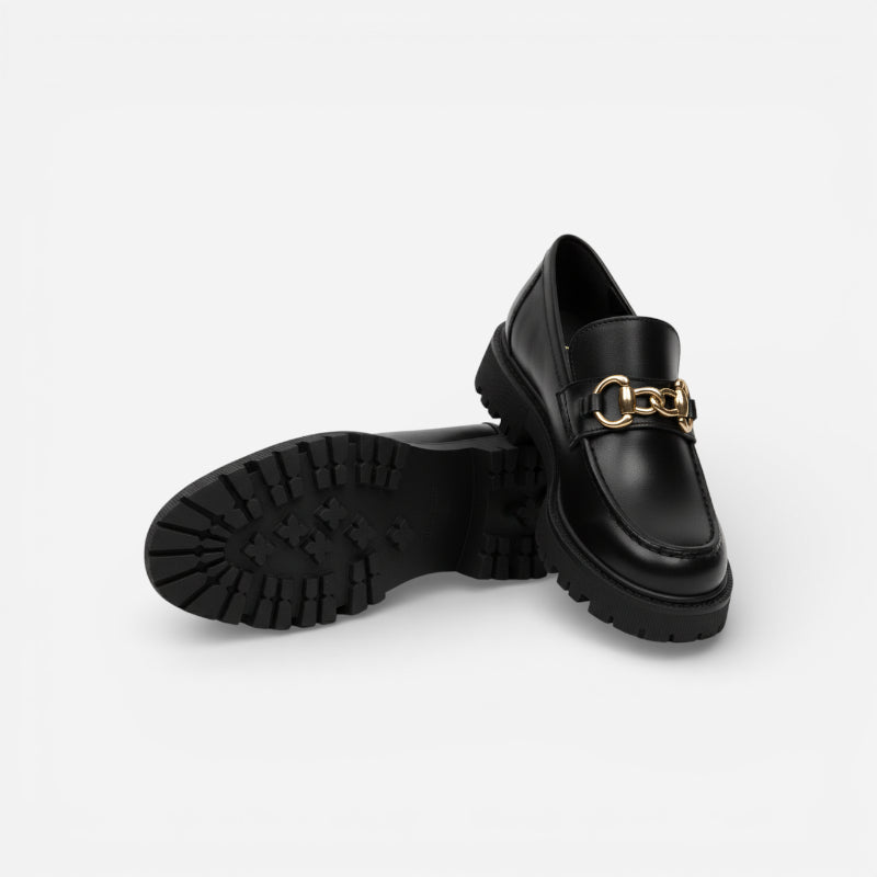 Mocassin Plateforme Femme Noir Chainnette Dorée