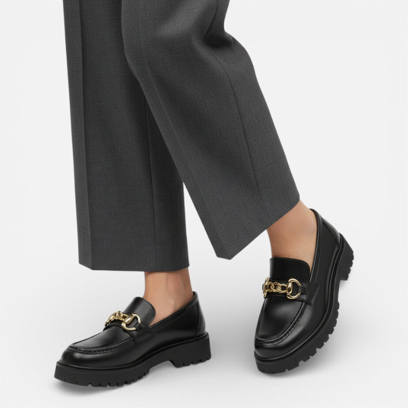 Mocassin Plateforme Femme Noir Chainnette Dorée