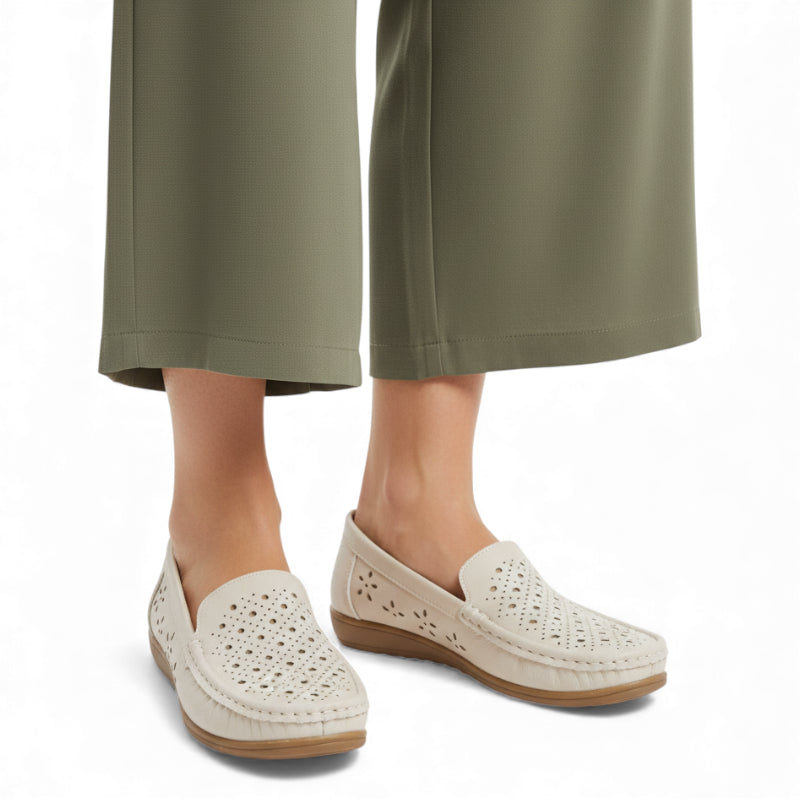 Mocassin En Cuir Beige Respirant Compensé Femme