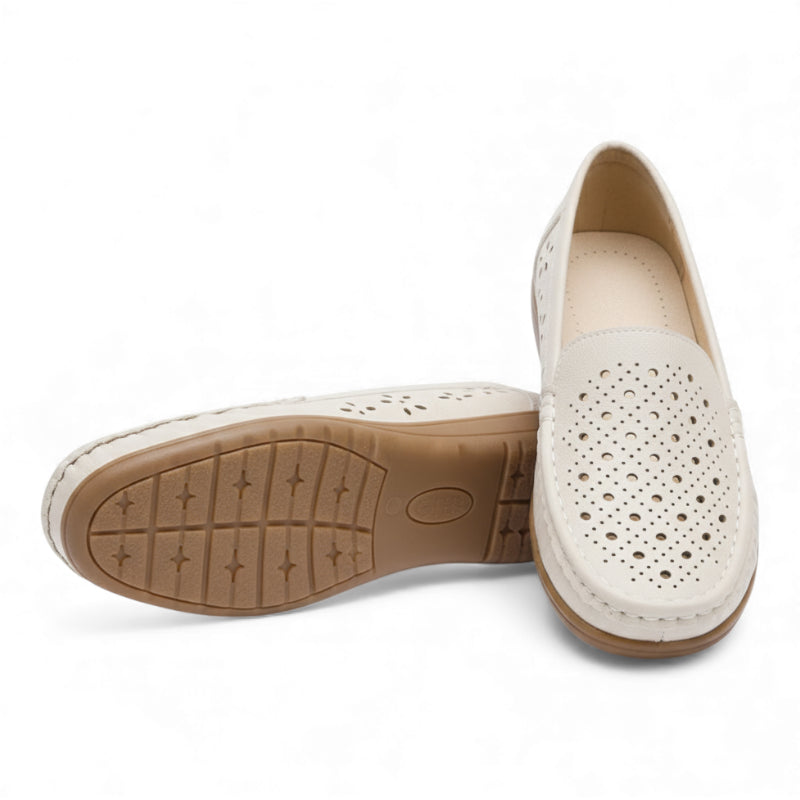 Mocassin En Cuir Beige Respirant Compensé Femme