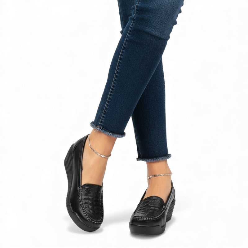 Mocassin Platefrome En Cuir Noir Design Pour Femme