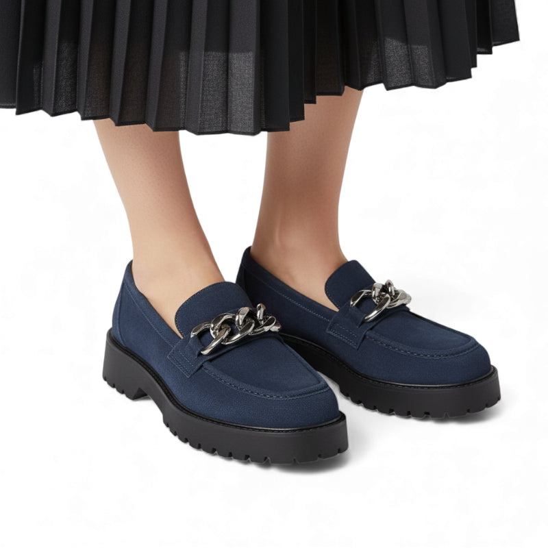 Mocassin En Daim Bleu Marine Chainette Plateforme Pour Femme