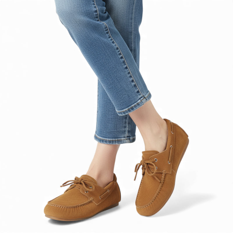 Mocassin En Véritable Peau De Vache Effet Daim Camel à Lacet Pour Femme