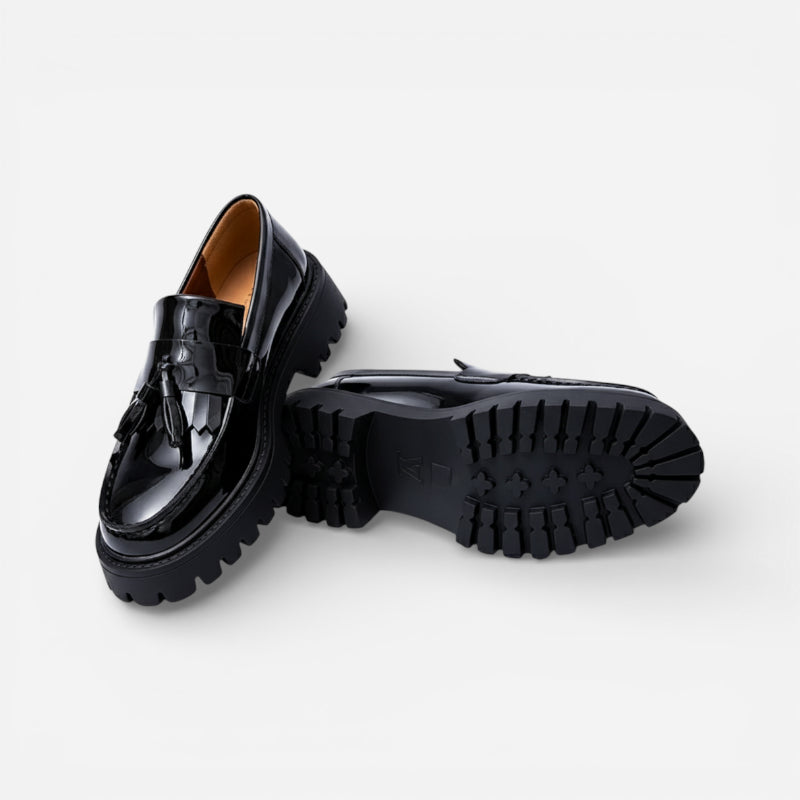 Mocassin Compensé En Cuir Vernis Noir Homme