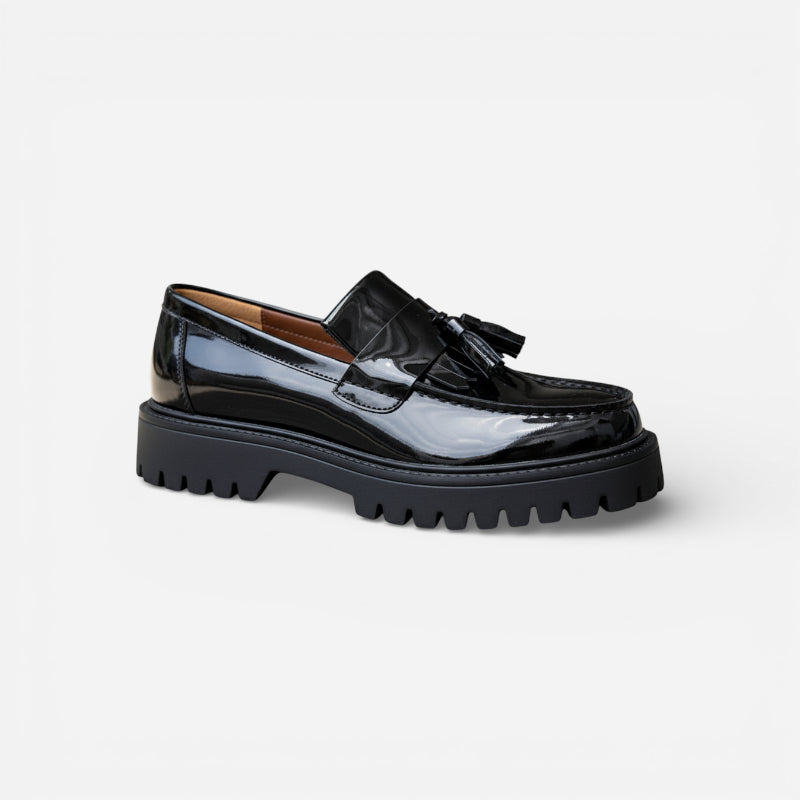 Mocassin Compensé En Cuir Vernis Noir Homme