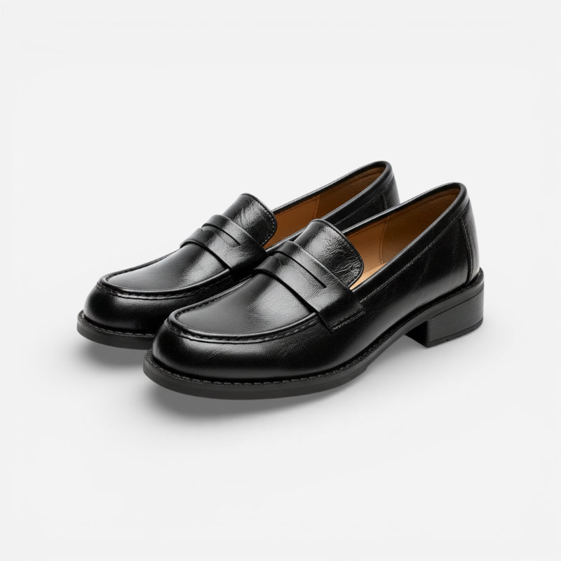 Mocassin En Cuir Vernis Noir à Talon Pour Femme