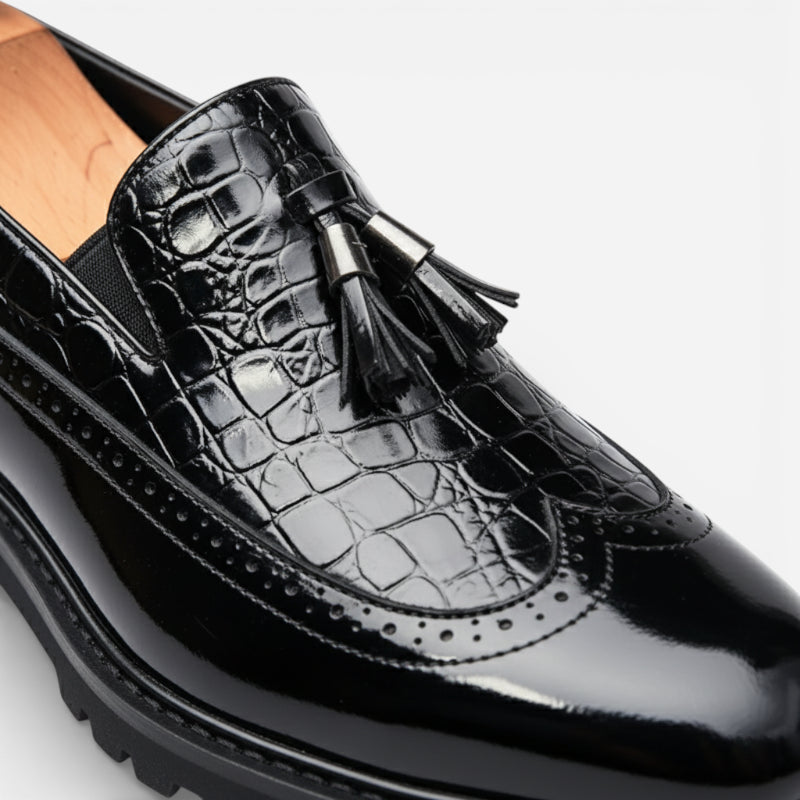 Mocassin En Cuir Noir Vernis à Motifs Compensé Pour Homme
