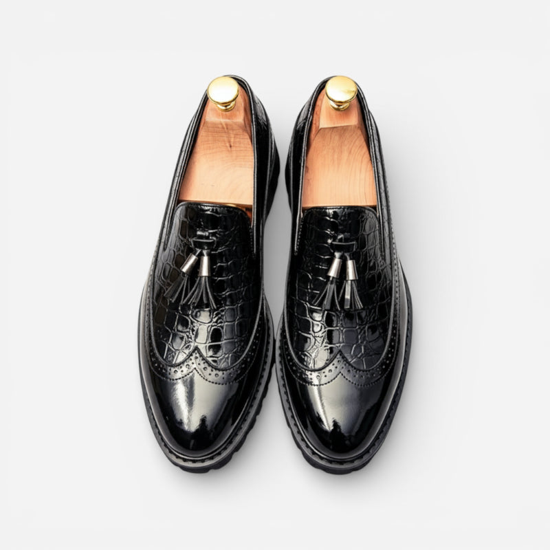 Mocassin En Cuir Noir Vernis à Motifs Compensé Pour Homme