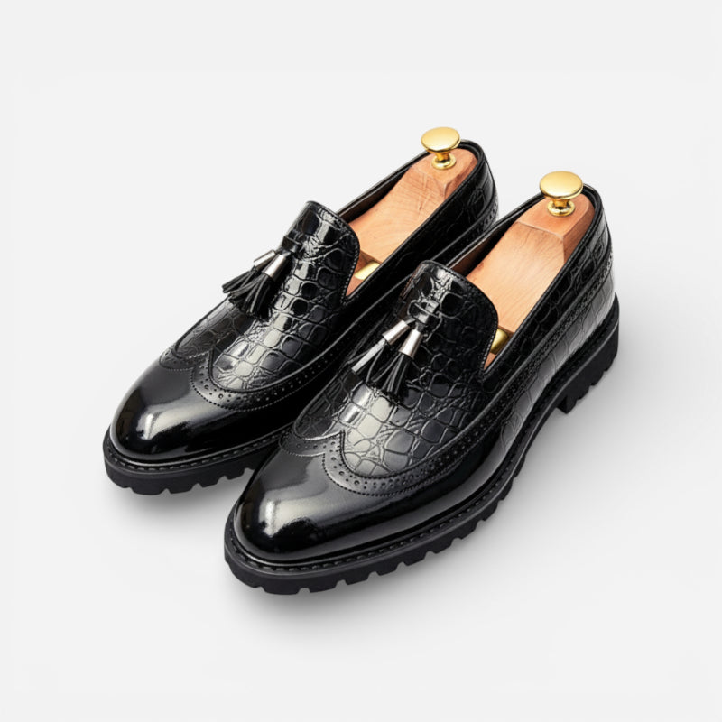 Mocassin En Cuir Noir Vernis à Motifs Compensé Pour Homme