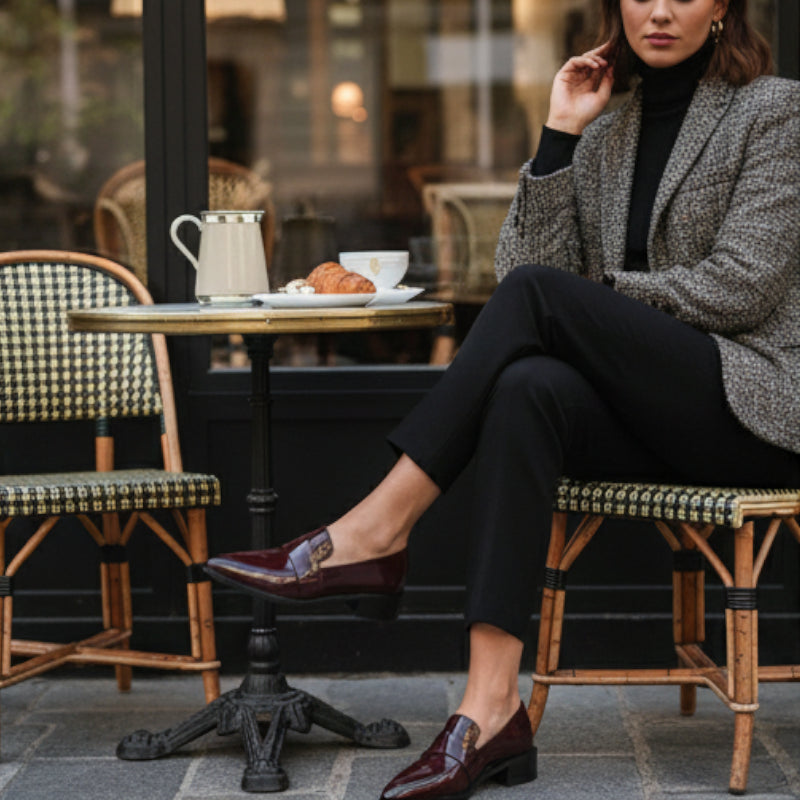 Mocassin En Cuir Bordeaux Vernis Brillant à Talon Femme