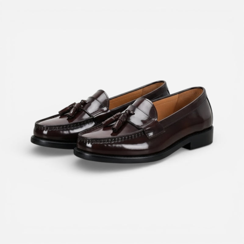 Mocassin En Cuir Vernis Marron Foncé Pour Homme à Gland