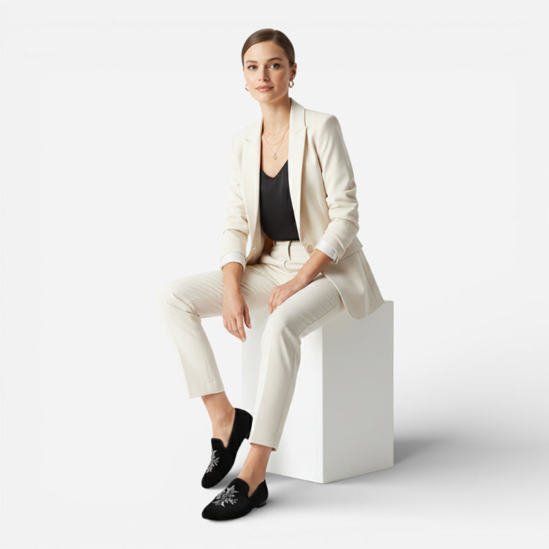 Mocassin Daim Noir Fleur Argenté Femme