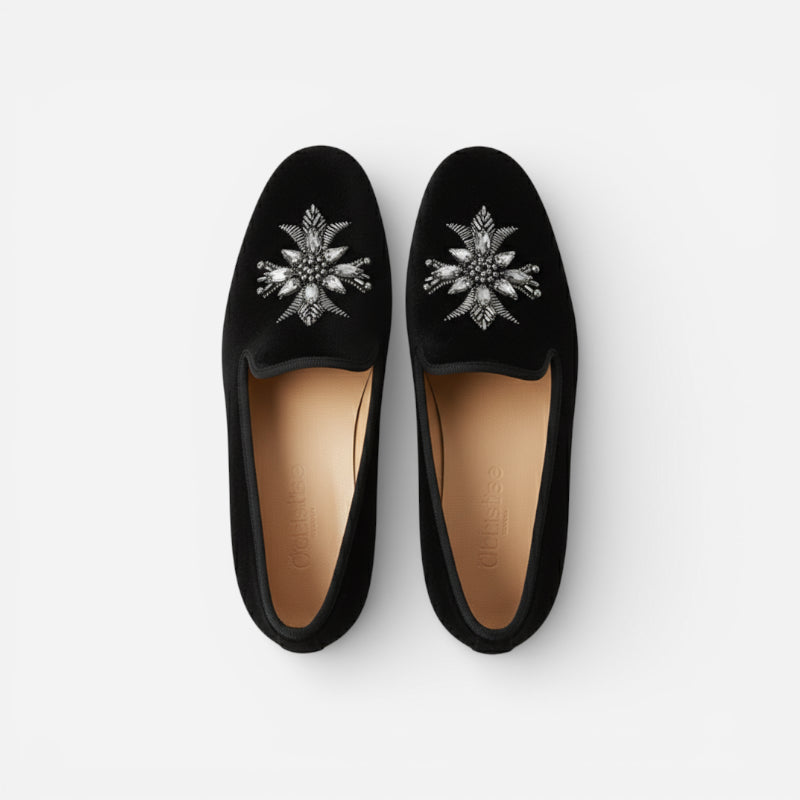 Mocassin Daim Noir Fleur Argenté Femme