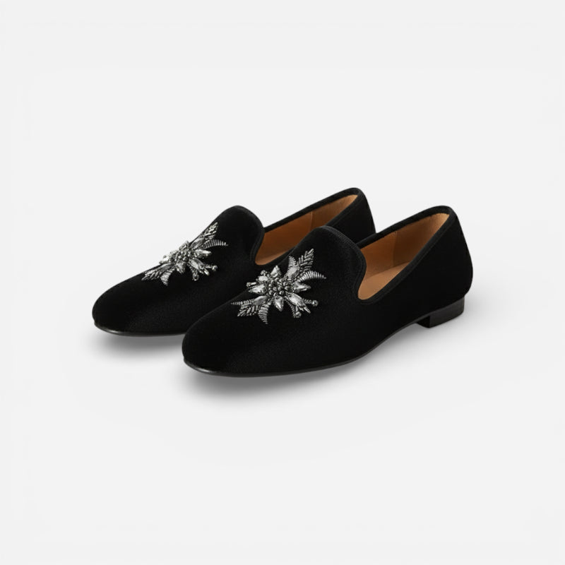 Mocassin Daim Noir Fleur Argenté Femme