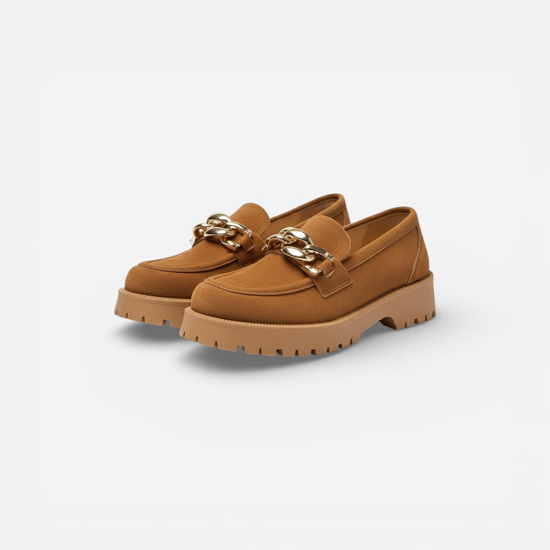 Mocassin Compensé Daim Camel Chainette Femme