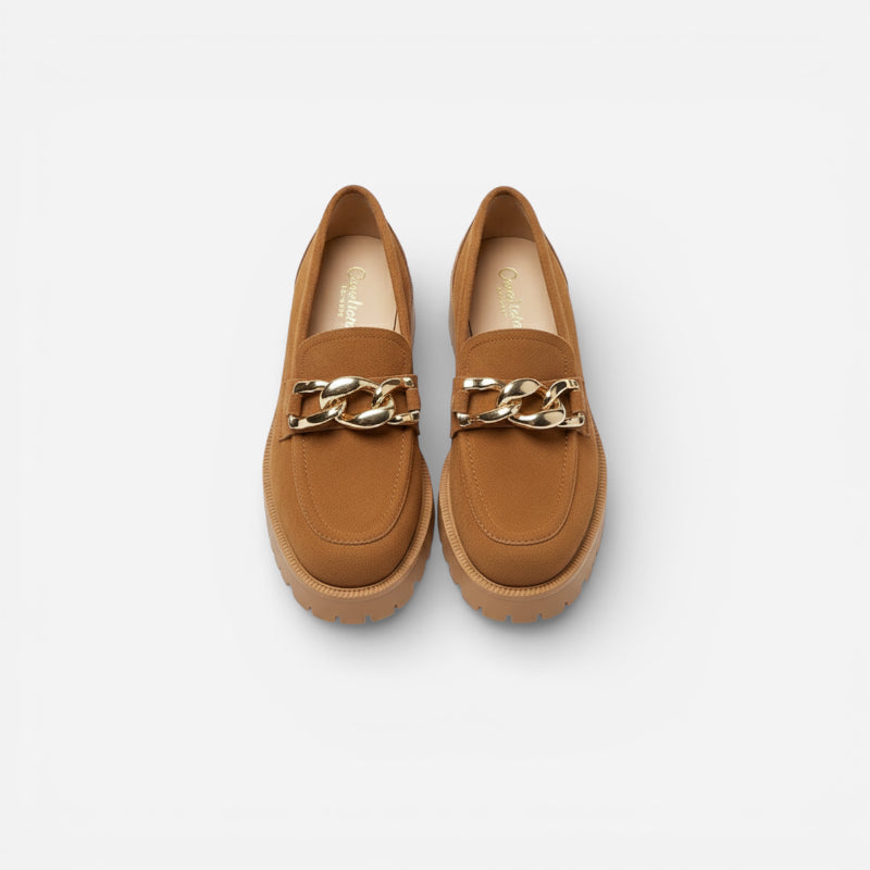 Mocassin Compensé Daim Camel Chainette Femme