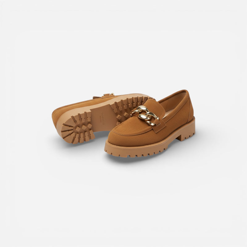 Mocassin Compensé Daim Camel Chainette Femme