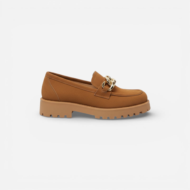 Mocassin Compensé Daim Camel Chainette Femme