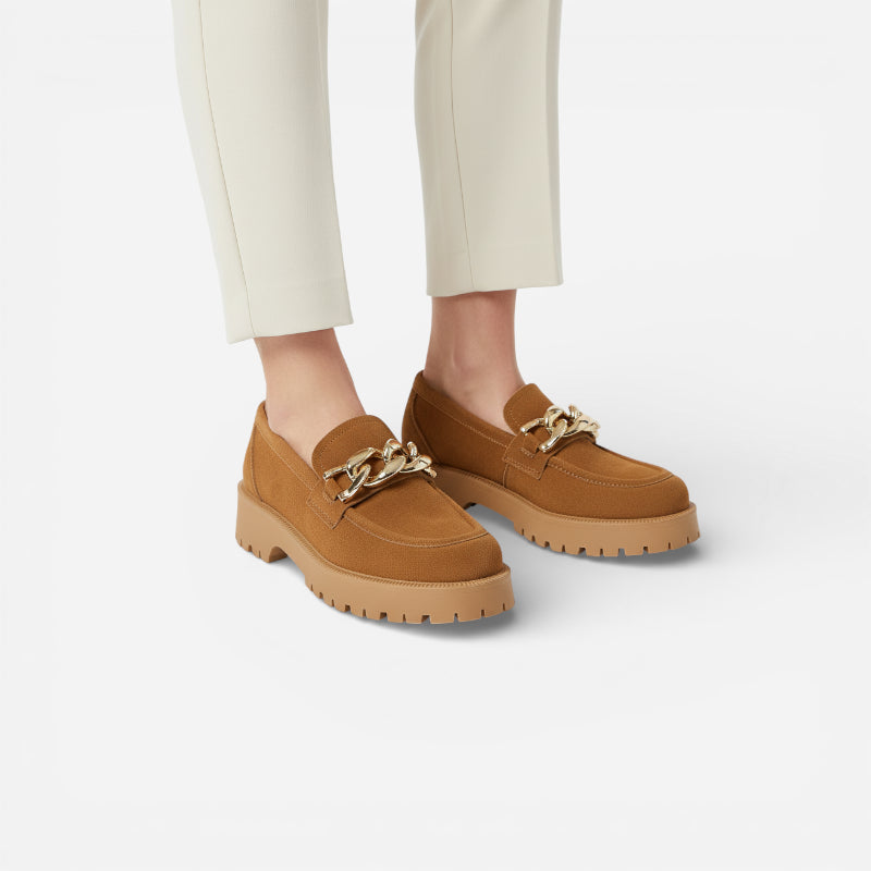 Mocassin Compensé Daim Camel Chainette Femme