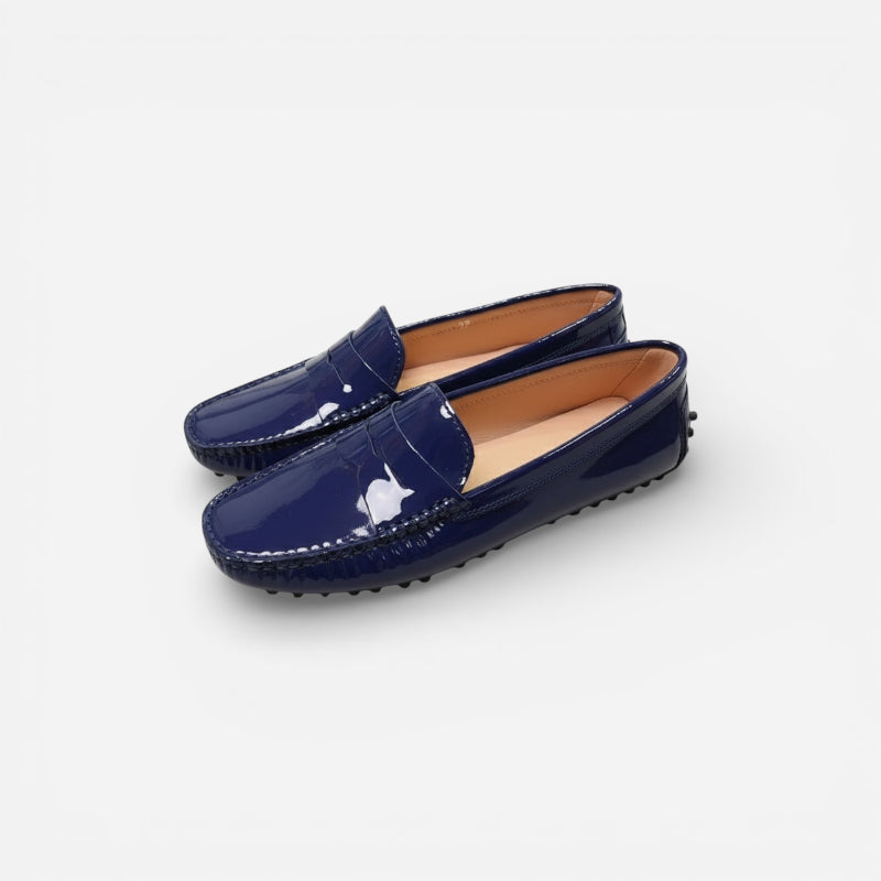 Mocassin Cuir Bleu Marine Vernis Femme