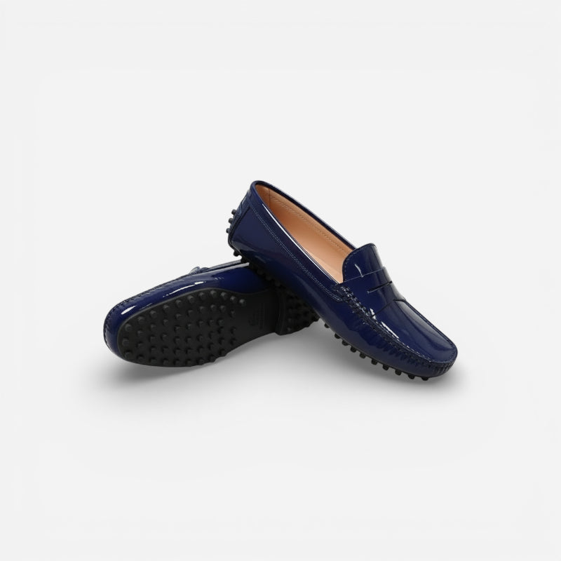 Mocassin Cuir Bleu Marine Vernis Femme
