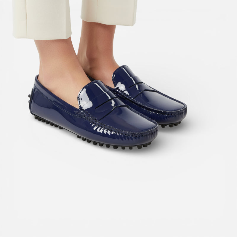 Mocassin Cuir Bleu Marine Vernis Femme