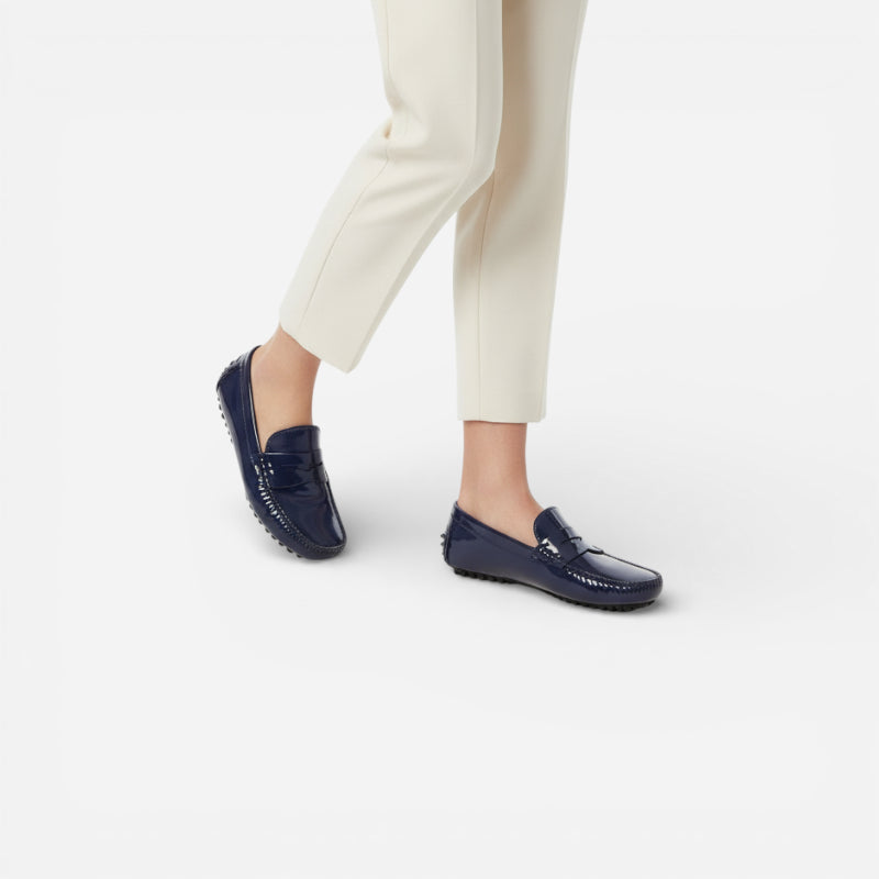 Mocassin Cuir Bleu Marine Vernis Femme