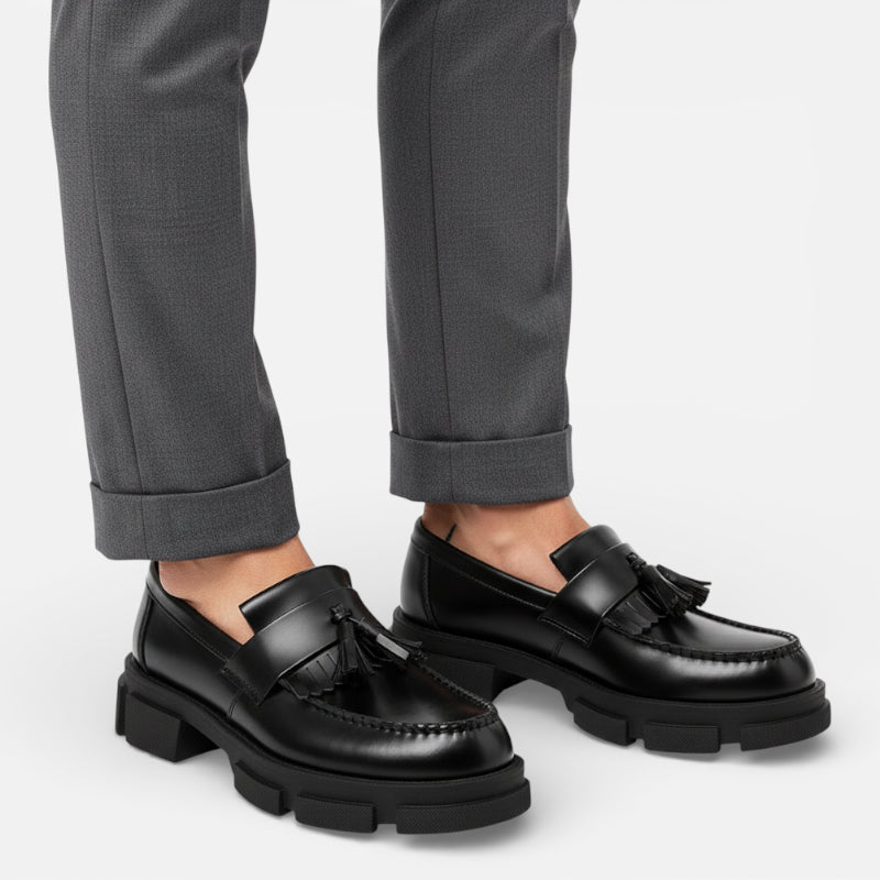 Mocassin Compensé En Cuir Noir à Gland Pour Homme