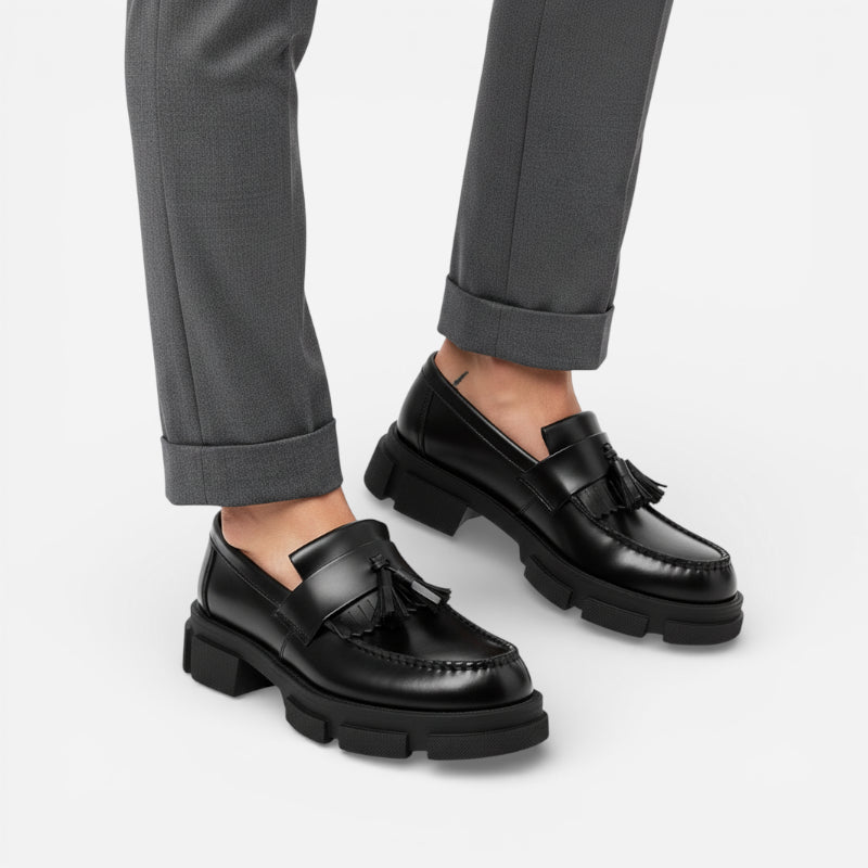 Mocassin Compensé En Cuir Noir à Gland Pour Homme