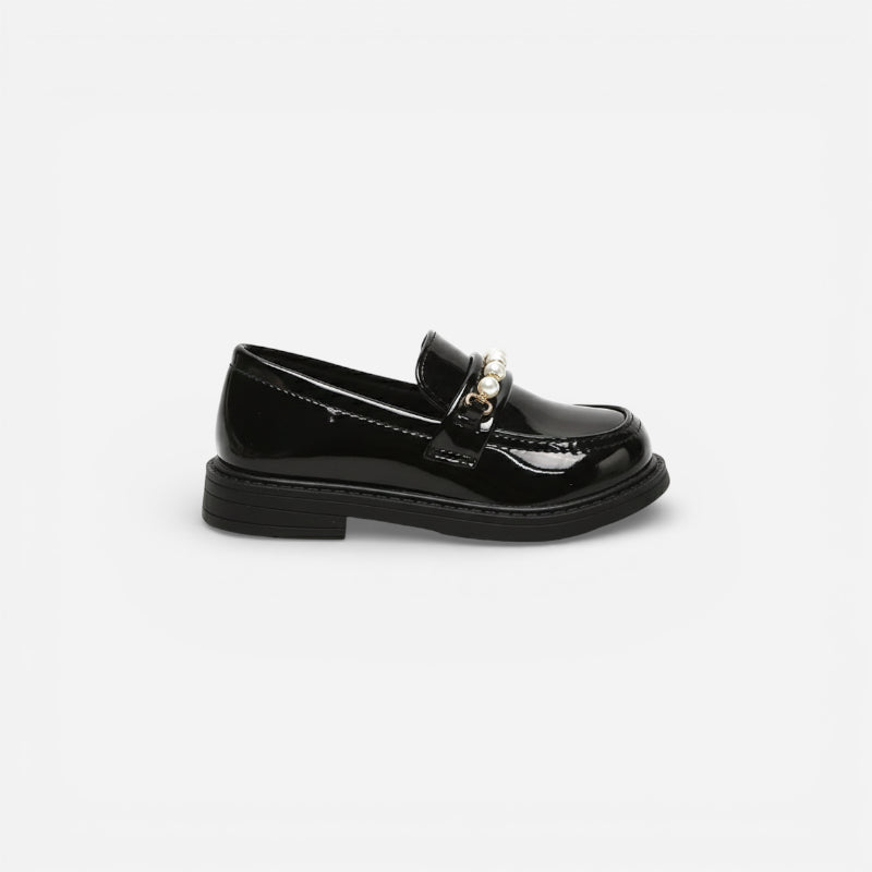 Mocassin Cuir Noir Fillette Perle