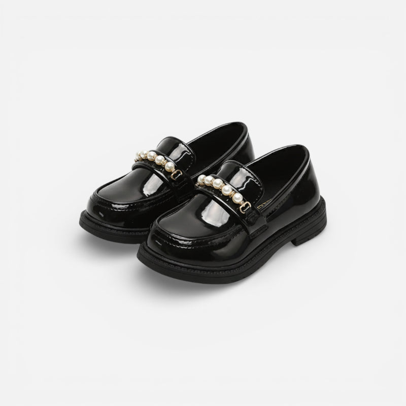 Mocassin Cuir Noir Fillette Perle