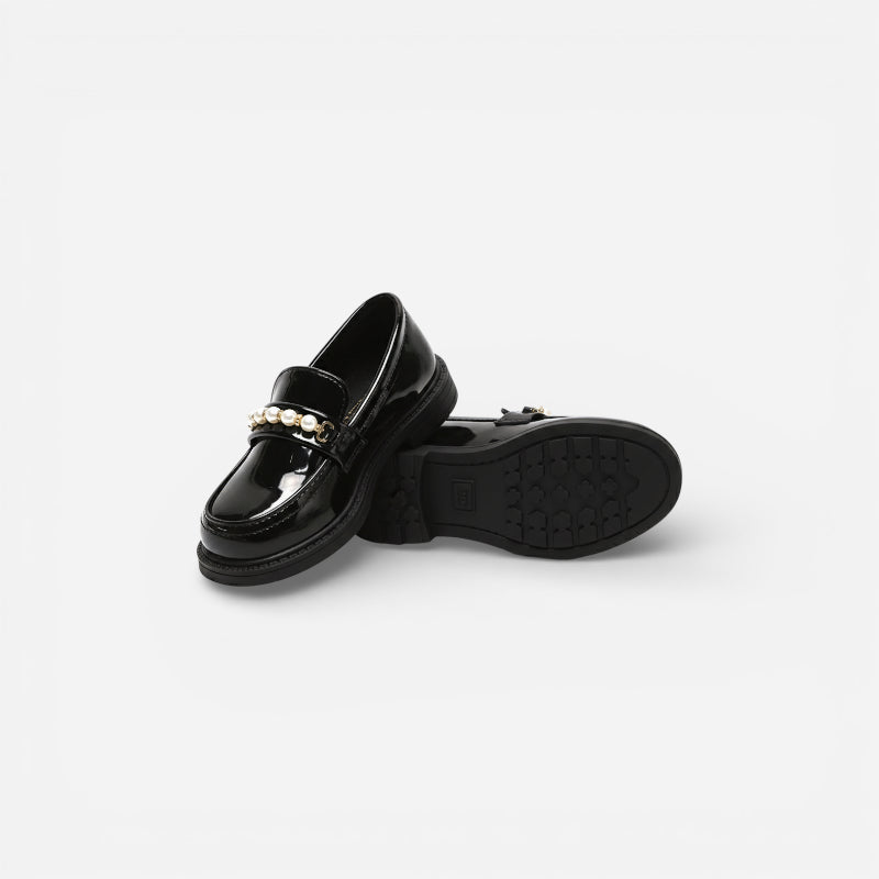 Mocassin Cuir Noir Fillette Perle