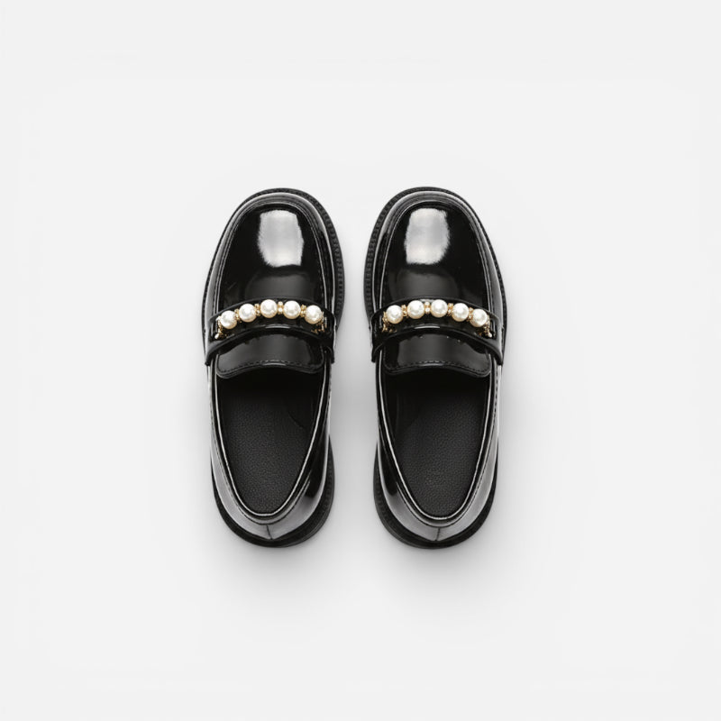 Mocassin Cuir Noir Fillette Perle
