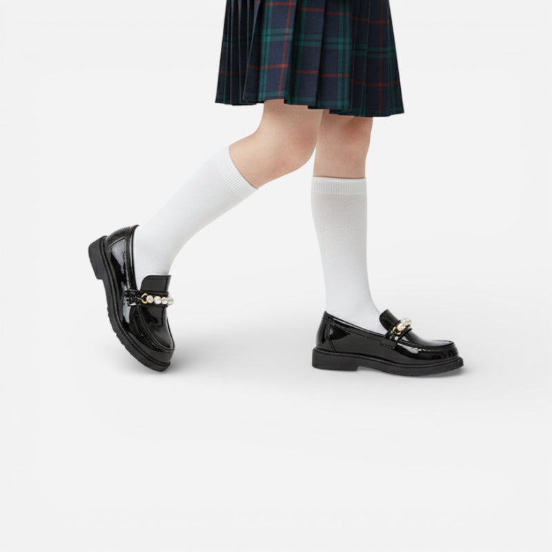 Mocassin Cuir Noir Fillette Perle