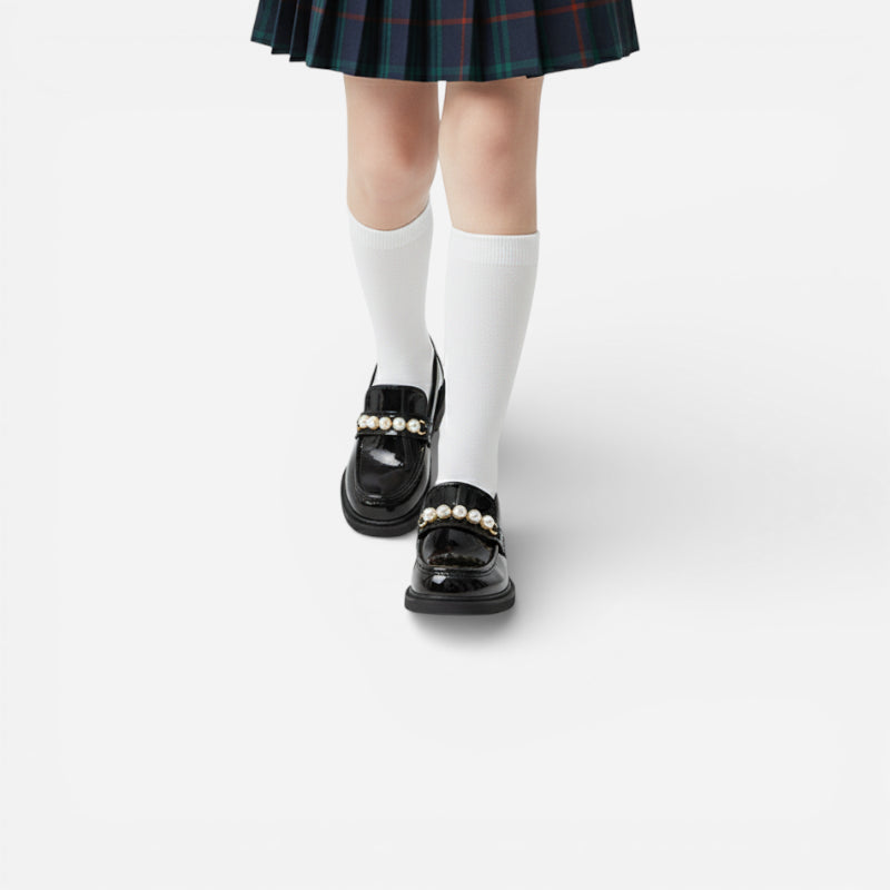 Mocassin Cuir Noir Fillette Perle